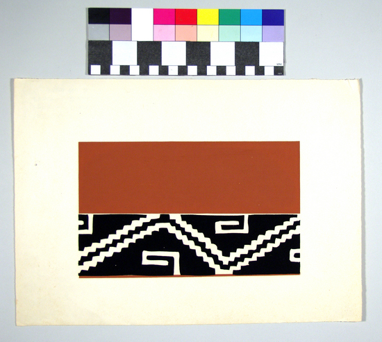 Hearst Museum object titled Silkscreen print, accession number 17-429, described as Black, red and white design panel overall running zig-zag of stepped elements