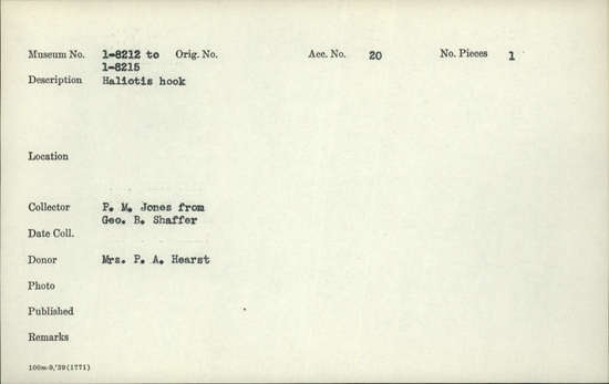 Documentation associated with Hearst Museum object titled Fishhook, accession number 1-8214, described as haliotis fishhook