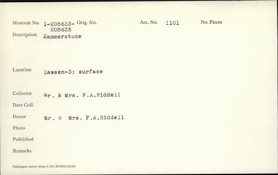 Documentation associated with Hearst Museum object titled Hammerstone, accession number 1-205635, described as Hammerstone.