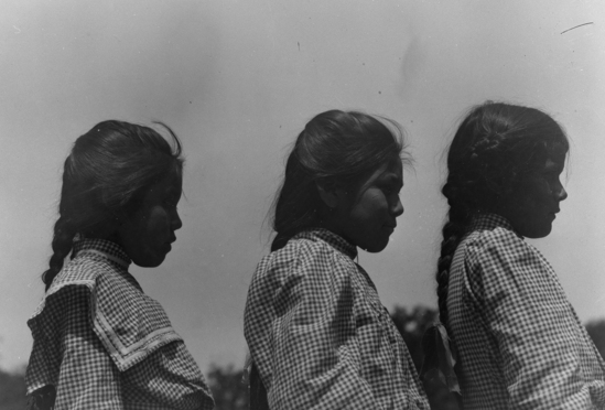 Hearst Museum object titled Black-and-white negative, accession number 15-3730, described as 3 school girls: Bertha Smith, Dora Sanderson, Delia Matilden profile