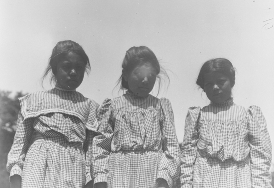 Hearst Museum object titled Black-and-white negative, accession number 15-3729, described as 3 school girls: Bertha Smith, Dora Sanderson, Delia Matilden