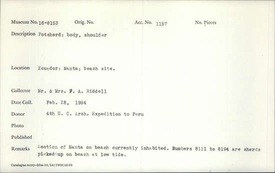 Documentation associated with Hearst Museum object titled Potsherd, accession number 16-8153, described as Potsherd; body, long ridge, painted.  Section of Manta on beach currently inhabited. Numbers  8111 to 8194 are sherds picked up on beach at low tide.