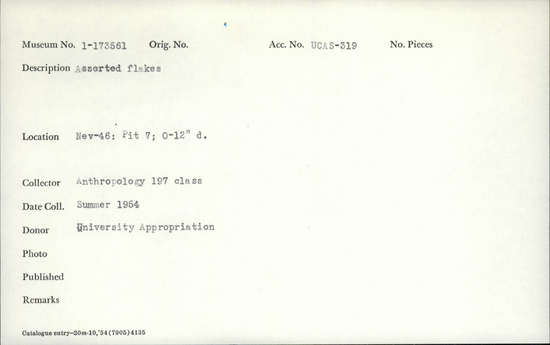 Documentation associated with Hearst Museum object titled Assorted flakes, accession number 1-173561, described as Assorted flakes.