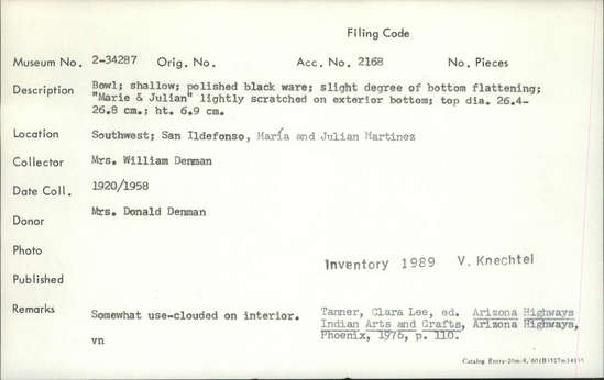 Documentation associated with Hearst Museum object titled Bowl, accession number 2-34287, described as Shallow, polished black ware; slight degree of bottom flattening.  Somewhat use-clouded on interior. "Marie & Julian" lightly scratched on exterior bottom.