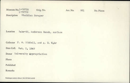 Documentation associated with Hearst Museum object titled Scraper, accession number 1-78726, described as Obsidian.