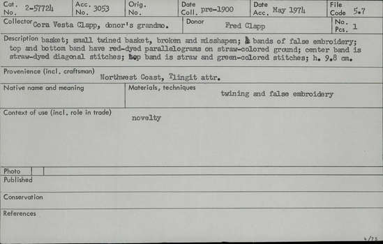 Documentation associated with Hearst Museum object titled Basket, accession number 2-57724, described as Small, twined, broken and misshapen. 4 bands of false embroidery, top and bottom band have red-dyed parallelograms on straw-colored ground; center band is straw-dyed diagonal stitches; top band is straw and green-colored stitches.