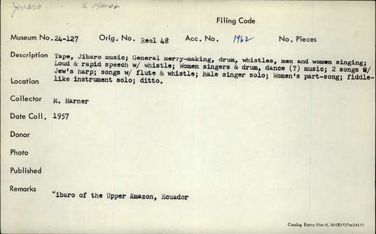 Documentation associated with Hearst Museum object titled Open reel audiotape, accession number 24-127, described as Tape. Jibaro music: general merry-making, drum, whistles, men and women singing; Loud and rapid speech with whistle; Women singers and drum, dance (?), music; 2 songs with Jew’s harp; songs with flute and whistle; Male singer solo; Women’s part-song; fiddle-like instrument solo; ditto.