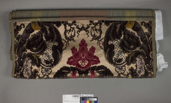 Hearst Museum object titled Textile, accession number 2-62530, described as Strip; cotton, rayon or silk?, cut and uncut pile on twill weave, voided velvet, light brown ground, varicolored motives, floral and foliage motives