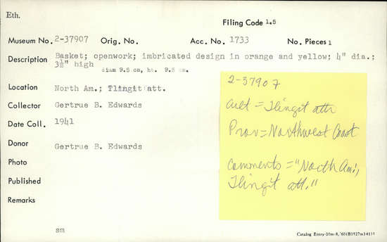 Documentation associated with Hearst Museum object titled Basket, accession number 2-37907, described as Openwork, imbricated design in orange and yellow.