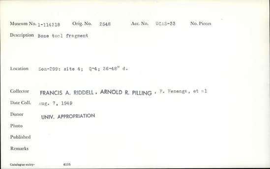 Documentation associated with Hearst Museum object titled Worked bone, accession number 1-114318, described as Bone.