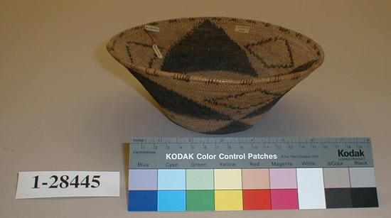 Hearst Museum object titled Basket, accession number 1-28445, described as Single-rod coiled basket.  Flaring, triangular design, 1 white bead.