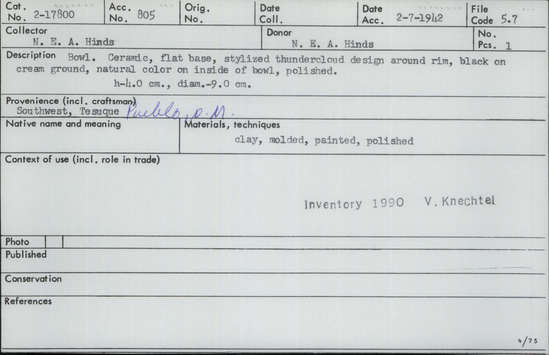 Documentation associated with Hearst Museum object titled Bowl, accession number 2-17800, described as Ceramic, flat base. Stylized thundercloud design around rim, black on cream ground. Natural color on inside of bowl, polished. Molded and painted.