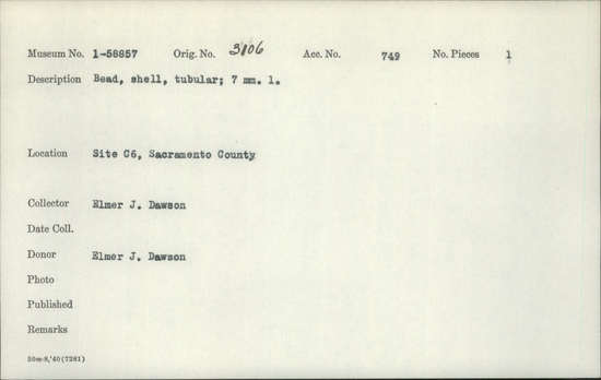 Documentation associated with Hearst Museum object titled Beads, accession number 1-58857, described as Shell, tubular