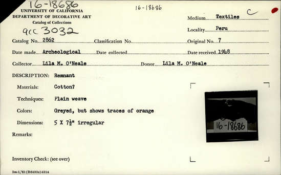 Documentation associated with Hearst Museum object titled Textile fragment, accession number 16-18686, no description available.