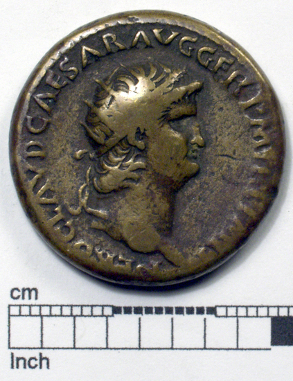 Hearst Museum object titled Coin: æ, accession number 8-6010, described as Coin: Æ; Nero - 14.81 grams. Obverse: NEROCLAVDCAESAR AVGGEPPMTRP IMP P P - Radiate head of Nero facing right. Reverse: VICTORIA.AVGVSTI, SC low in field [untranscribable symbol] in exergue.