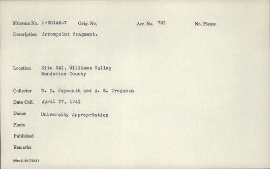 Documentation associated with Hearst Museum object titled Projectile point fragment, accession number 1-60147, described as Arrow point fragment.