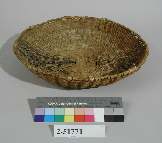 Hearst Museum object titled Basket, accession number 2-51771, described as Wickerweave basin-shaped sifter basket made from willows; remnants of black and red designs.