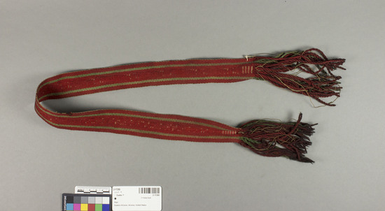 Hearst Museum object 2 of 2 titled Garter, accession number 2-17200, described as Wool warp face pattern in red and green.