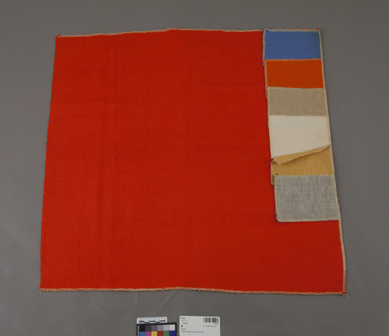 Hearst Museum object titled Textile, accession number 7-6760, described as Strip; color swatches attached.  Cotton.  Plain weave, some cording due to heavier yarns.   Red.  "Dobby"; similar to #2549, 2550.  January 1969 condit. good.  24 inches by 24 inches.