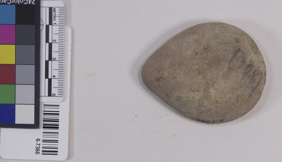 Hearst Museum object 4 of 5 titled Oil lamp, accession number 6-7366, described as Pottery: lamp, decorative border, length: 7 cm; width: 5 1/2 cm.