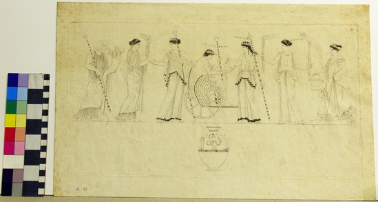 Hearst Museum object titled Roman drawing, accession number 13-605, described as Engraving of a red figured vase. Demeter and Triptolemos.