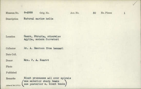 Documentation associated with Hearst Museum object titled Plaque, accession number 8-2999, described as Caeretan painted plaque with checkerboard design with horizontal bands framing a decorative motif, 6th century BCE, see L. Pieraccini, EtrStu, 2011, 55-70.