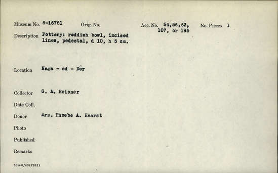 Documentation associated with Hearst Museum object titled Bowl, accession number 6-16781, described as pottery: reddish bowl, incised lines, pedestal, diameter 10, height 5 cm