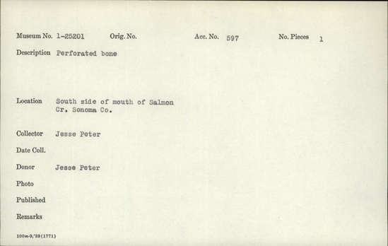 Documentation associated with Hearst Museum object titled Worked bone, accession number 1-25201, described as Perforated.