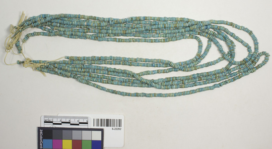 Hearst Museum object 1 of 8 titled Beads, accession number 6-22202, described as beads, uniformly ring-shaped, of blue faience