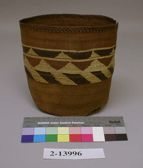 Hearst Museum object 1 of 3 titled Basket, accession number 2-13996, described as Overlay, twined, cylindrical design in black, white and red.