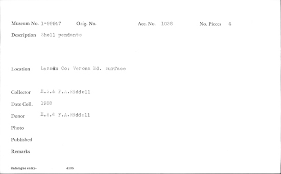 Documentation associated with Hearst Museum object titled Pendants, accession number 1-99947, described as Shell pendants.
