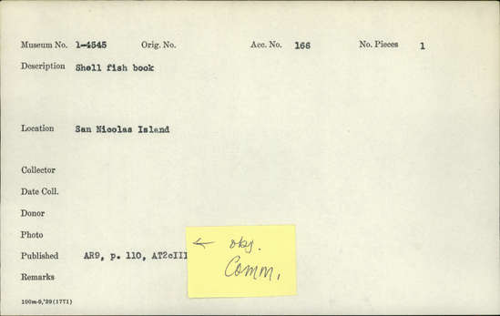 Documentation associated with Hearst Museum object titled Fishhook, accession number 1-4545, described as Made of shell.