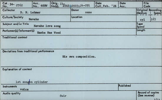 Documentation associated with Hearst Museum object titled Audio recording, accession number 24-2762, described as Navajo Love Song