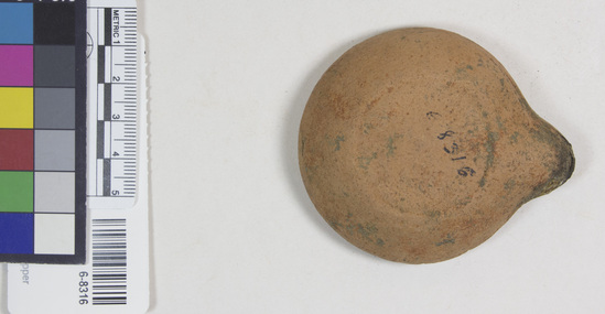 Hearst Museum object 7 of 7 titled Oil lamp, accession number 6-8316, described as Pottery lamp, classic type.