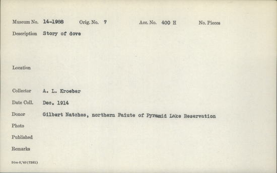 Documentation associated with Hearst Museum object titled Wax cylinder recording, accession number 14-1988, described as Story of Dove