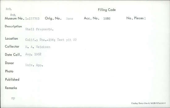 Documentation associated with Hearst Museum object titled Shell fragment, accession number 1-157783, described as Shell fragment.