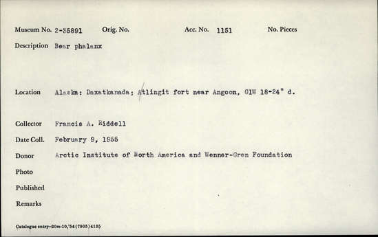 Documentation associated with Hearst Museum object titled Mammal bone, accession number 2-35891, described as Bear phalanx.