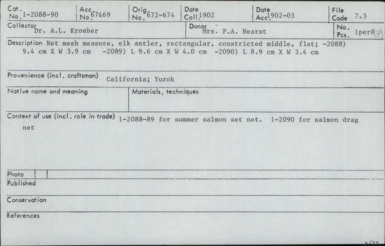 Documentation associated with Hearst Museum object titled Mesh measure, accession number 1-2088, described as Elk antler, rectangular, constricted middle, flat.