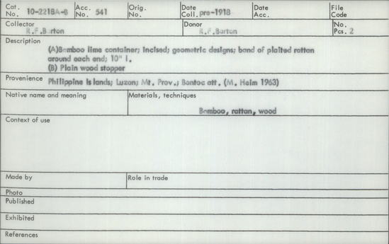 Documentation associated with Hearst Museum object titled Lime container and stopper, accession number 10-2218a,b, described as A) Bamboo lime container; incised geometric designs, band of plaited rattan around each end; 10 inches long; B) plain wood stopper.