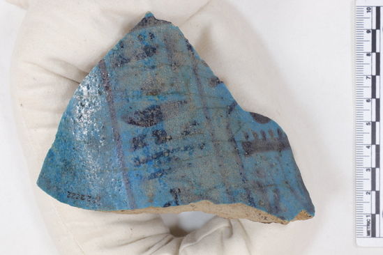 Hearst Museum object 7 of 16 titled Potsherds with writing (ostraca), accession number 6-22222, described as blue-glazed sherds with writing; 15x75x110 mm and 9x16x30 mm