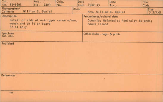 Documentation associated with Hearst Museum object titled Photograph, accession number 13-5603, described as Detail of side of out-rigger canoe w/man, woman & child on board