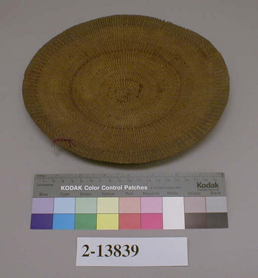 Hearst Museum object titled Basket, accession number 2-13839, described as Twined, flat, overlay design: circular.