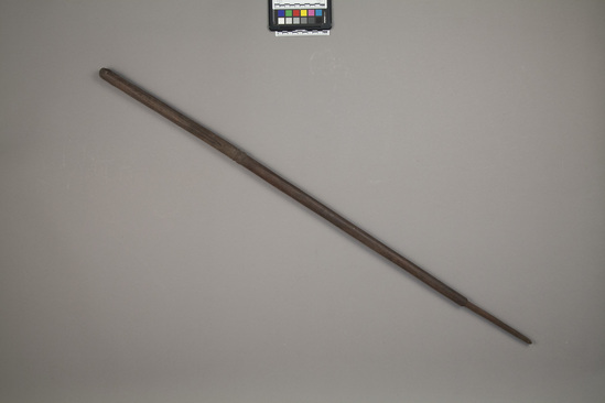 Hearst Museum object titled Walking stick, accession number 11-39849, described as Sparring club/ walking stick/ swagger stick of red brown wood, distal end trimmed to narrow point. 101 cm length