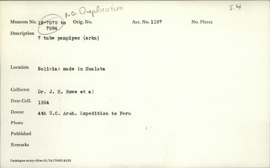 Documentation associated with Hearst Museum object titled Panpipe, accession number 16-7980, described as 7 tube panpipes (arka)