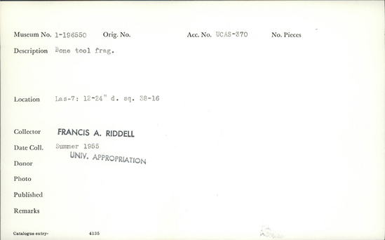 Documentation associated with Hearst Museum object titled Awl fragment, accession number 1-196550, described as Made of bone.