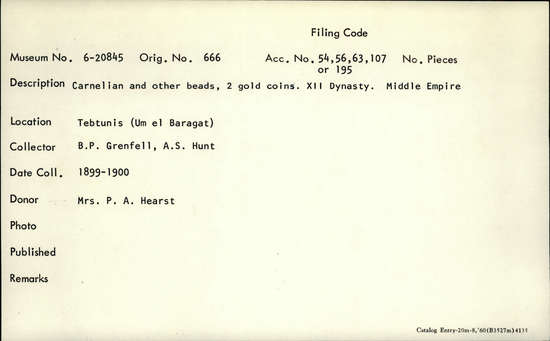 Documentation associated with Hearst Museum object titled Beads, accession number 6-20845, described as carnelian and other beads, two gold coins. XII Dynasty, Middle Empire