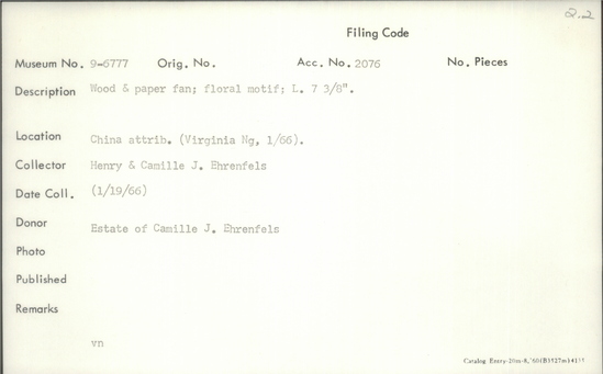 Documentation associated with Hearst Museum object titled Fan, accession number 9-6777, described as Wood and paper fan; floral motif; length 7 3/8 inches.