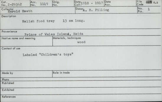 Documentation associated with Hearst Museum object titled Tray, accession number 2-29362, described as Relish food tray. Made of wood.