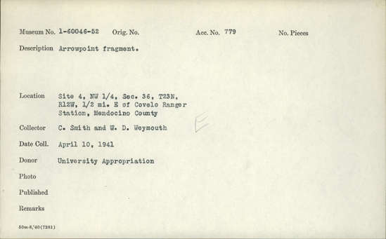 Documentation associated with Hearst Museum object titled Projectile point fragment, accession number 1-60052, described as Arrowpoint fragment