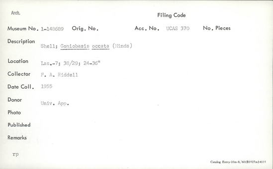 Documentation associated with Hearst Museum object titled Shell, accession number 1-148689, described as Goniobasis occata (Hinds).